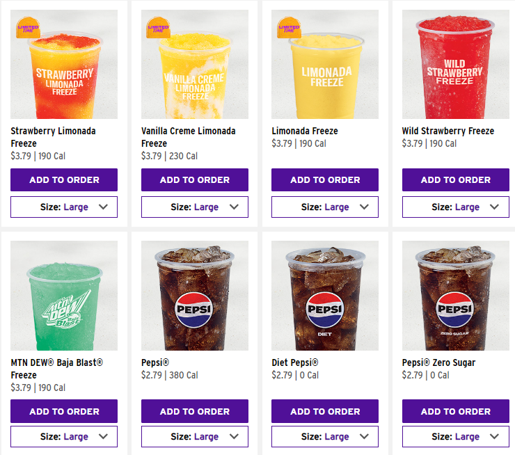 Taco bell drinks Menu with prices 